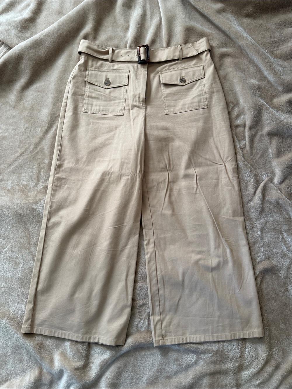 LOFT Tan High-Rise Wide Leg Ankle/Crop Pants with Belt - Picture 3 of 12